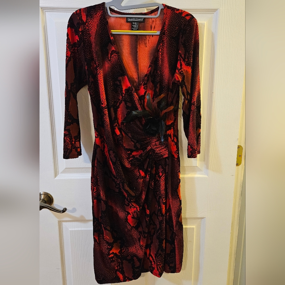 Vintage Frank Lyman Design Red and Black Wrap Ruched Dress Size 6